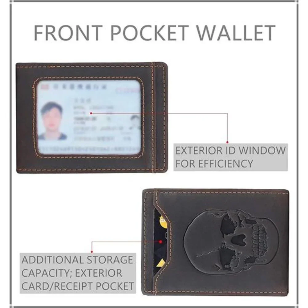 Men's Leather Skull Slim Wallet with Money Clip Minimalist Bifold